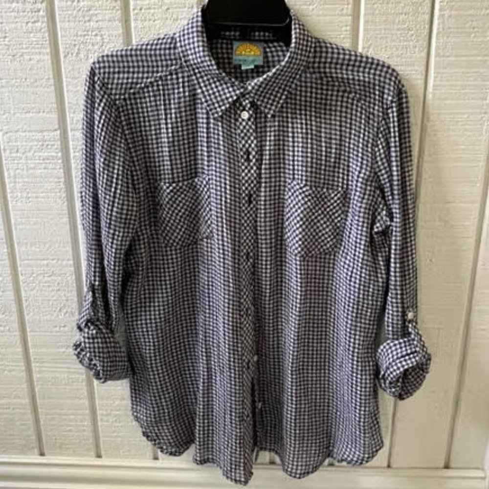 Navy and White Checked Button Up Blouse